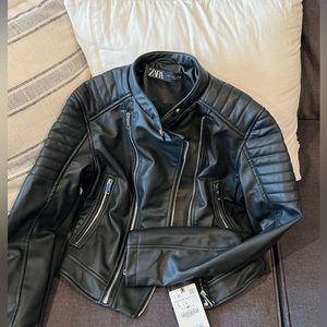Zara black faux leather biker jacket